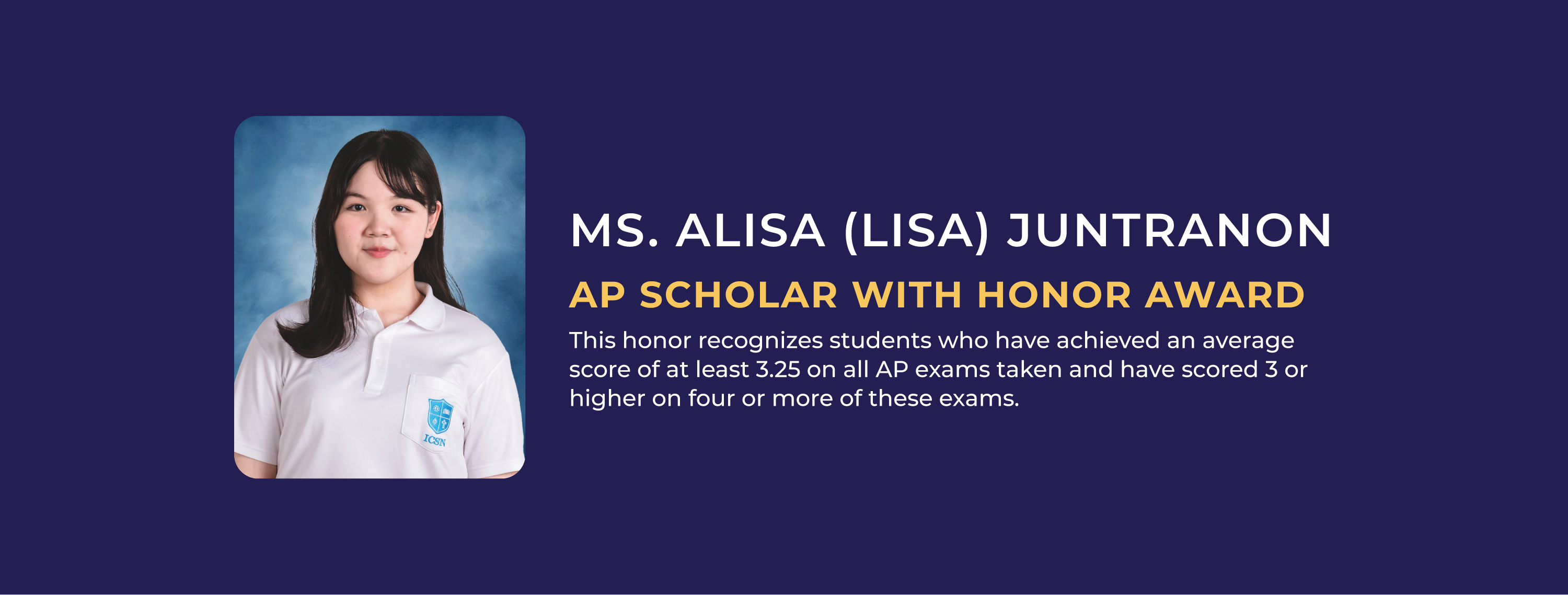 Yearbook photo of an Asian student in white uniform Ms. Alisa (Lisa) Juntranon AP Scholar with honor award