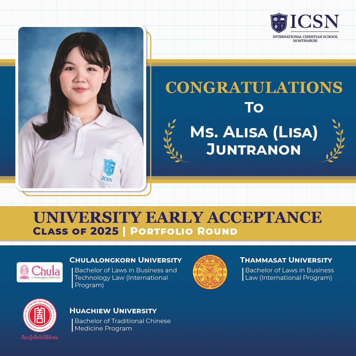 A post congratulating a student for his university early acceptance with university logos and course descriptions