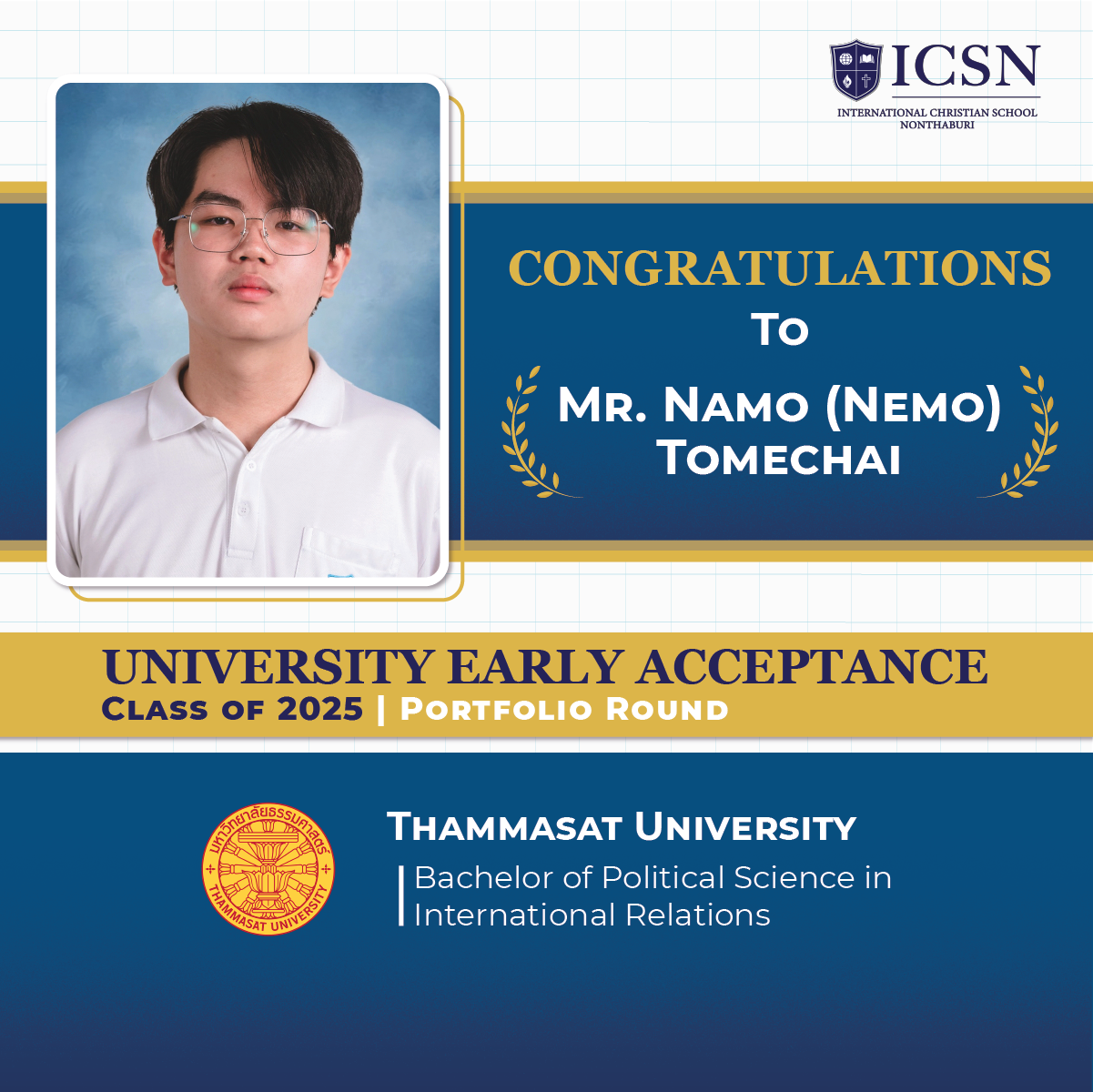 A post congratulating a student for his university early acceptance with university logos and course descriptions
