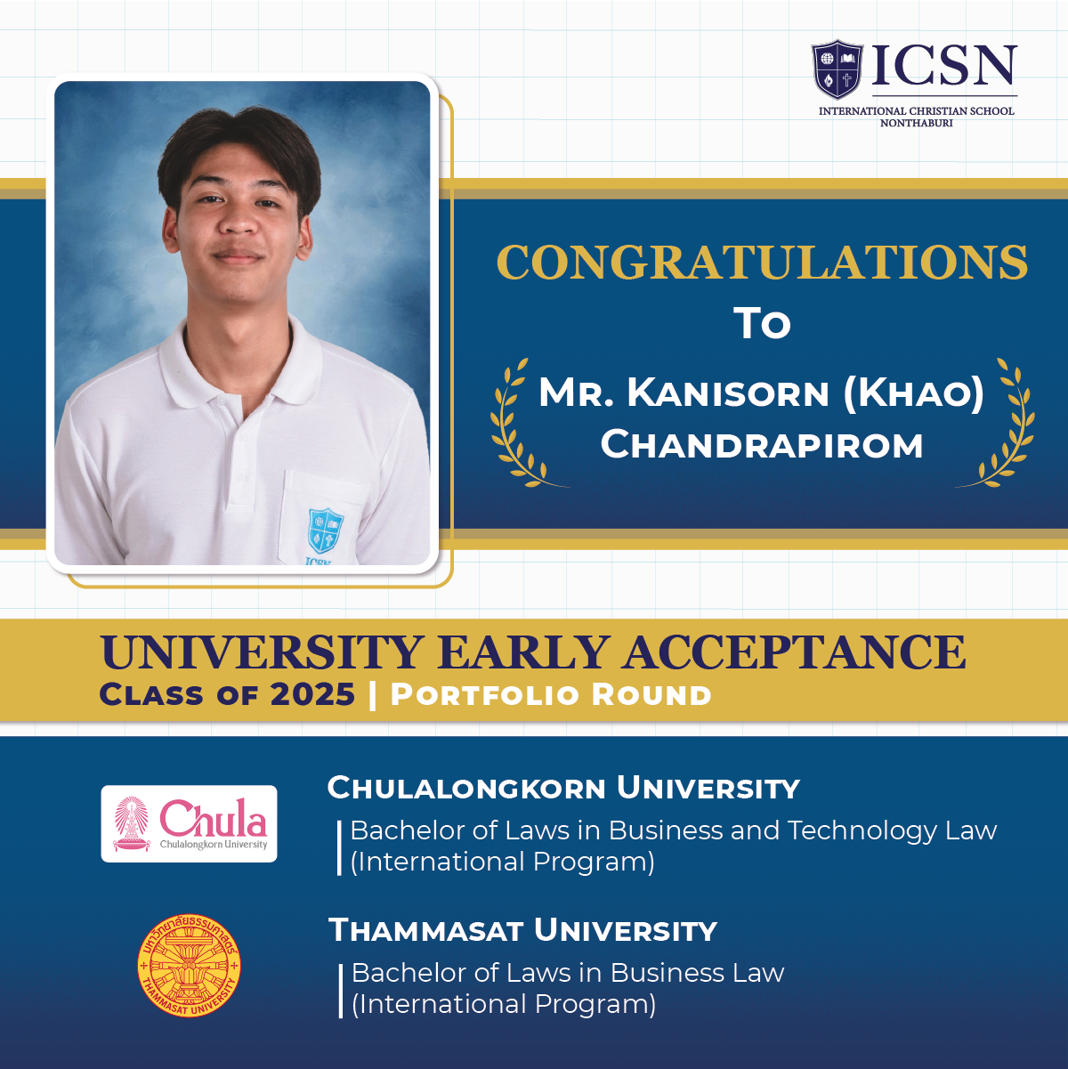 A post congratulating a student for his university early acceptance with university logos and course descriptions