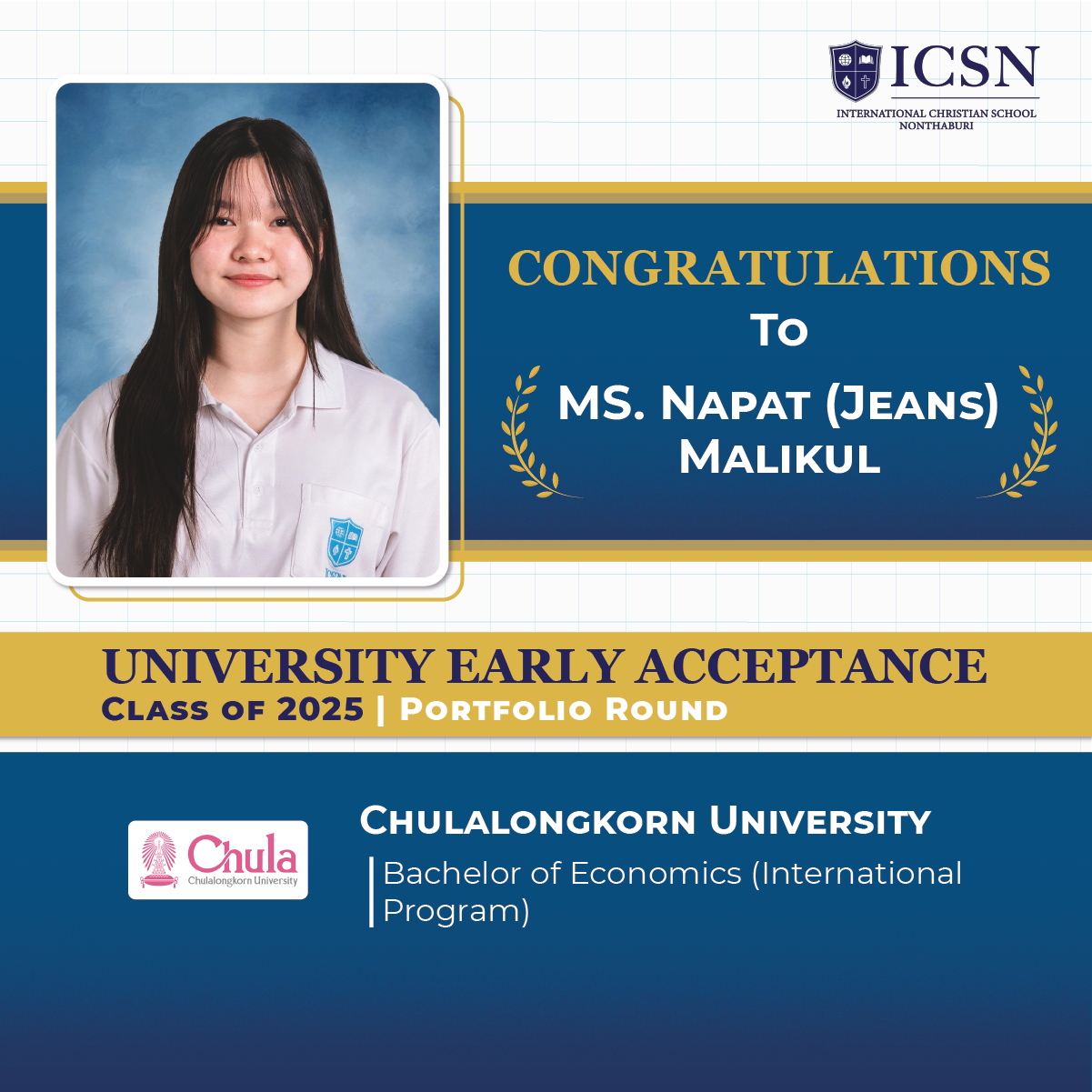 A post congratulating a student for his university early acceptance with university logos and course descriptions