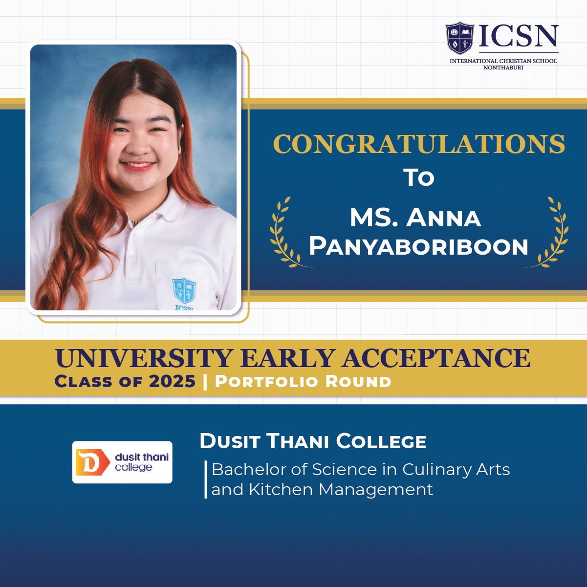 A post congratulating a student for his university early acceptance with university logos and course descriptions