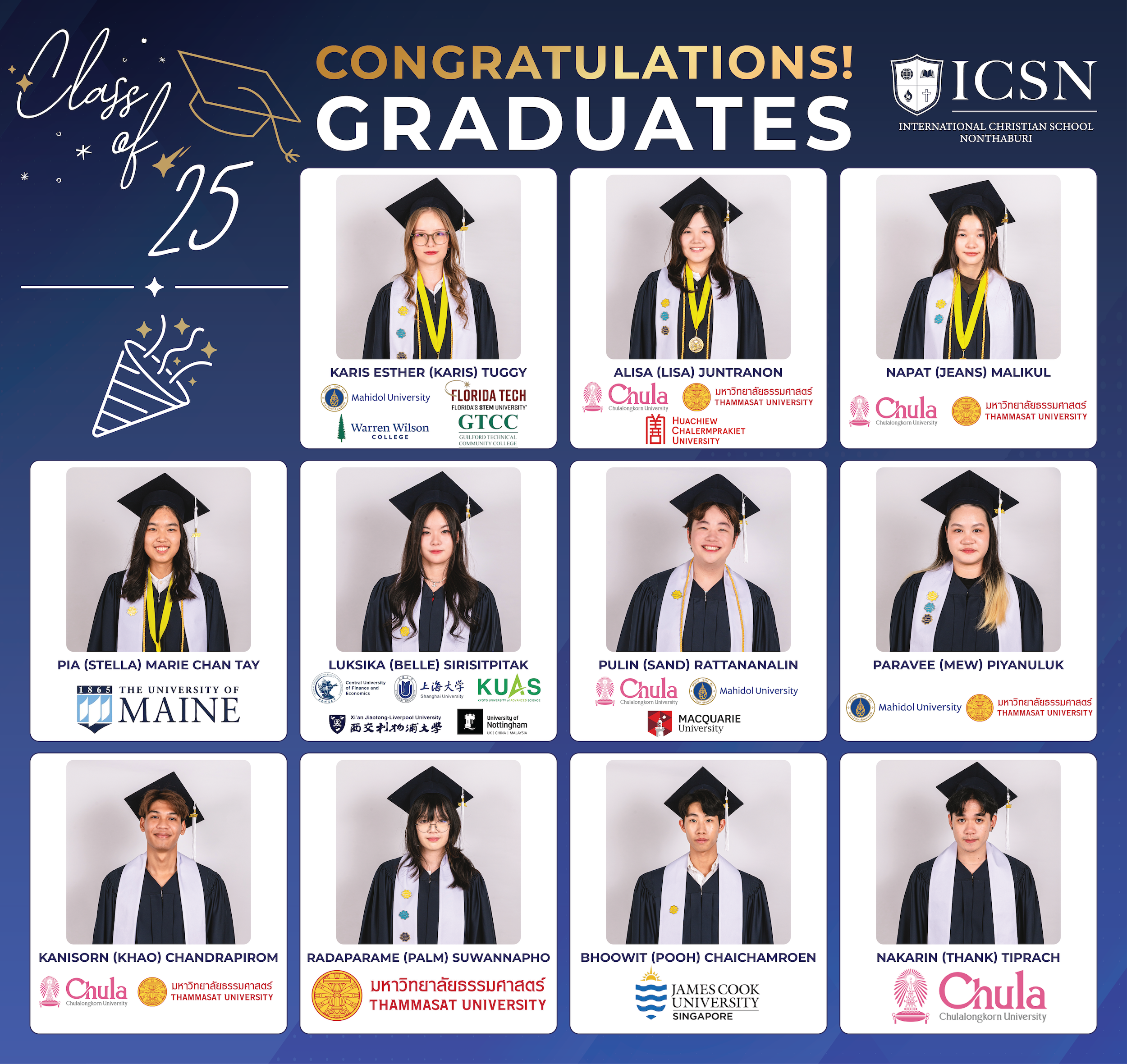 A graphic of school graduates with logos of the universities they are accepted to.