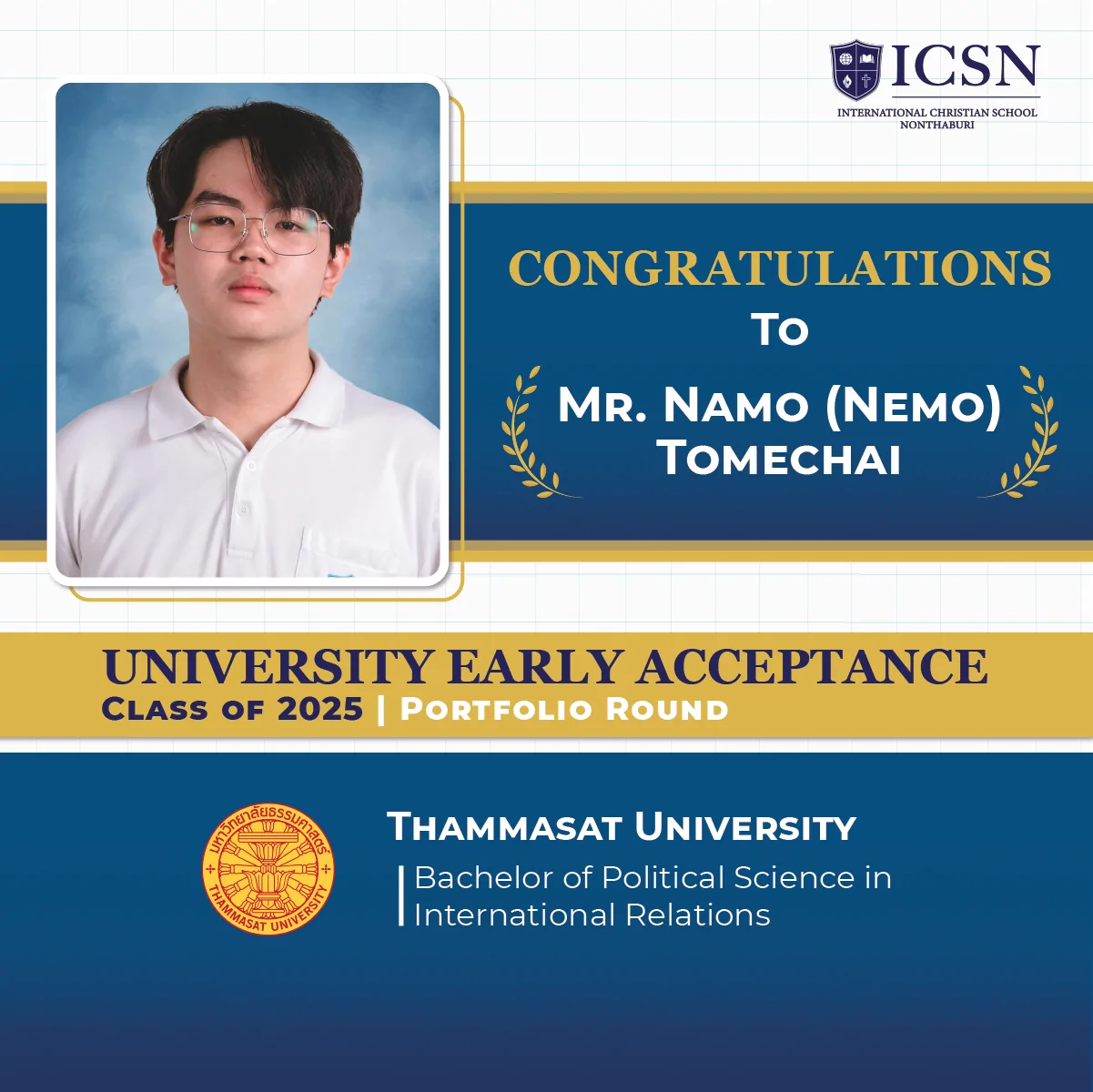 A post congratulating a student for his university early acceptance with university logos and course descriptions