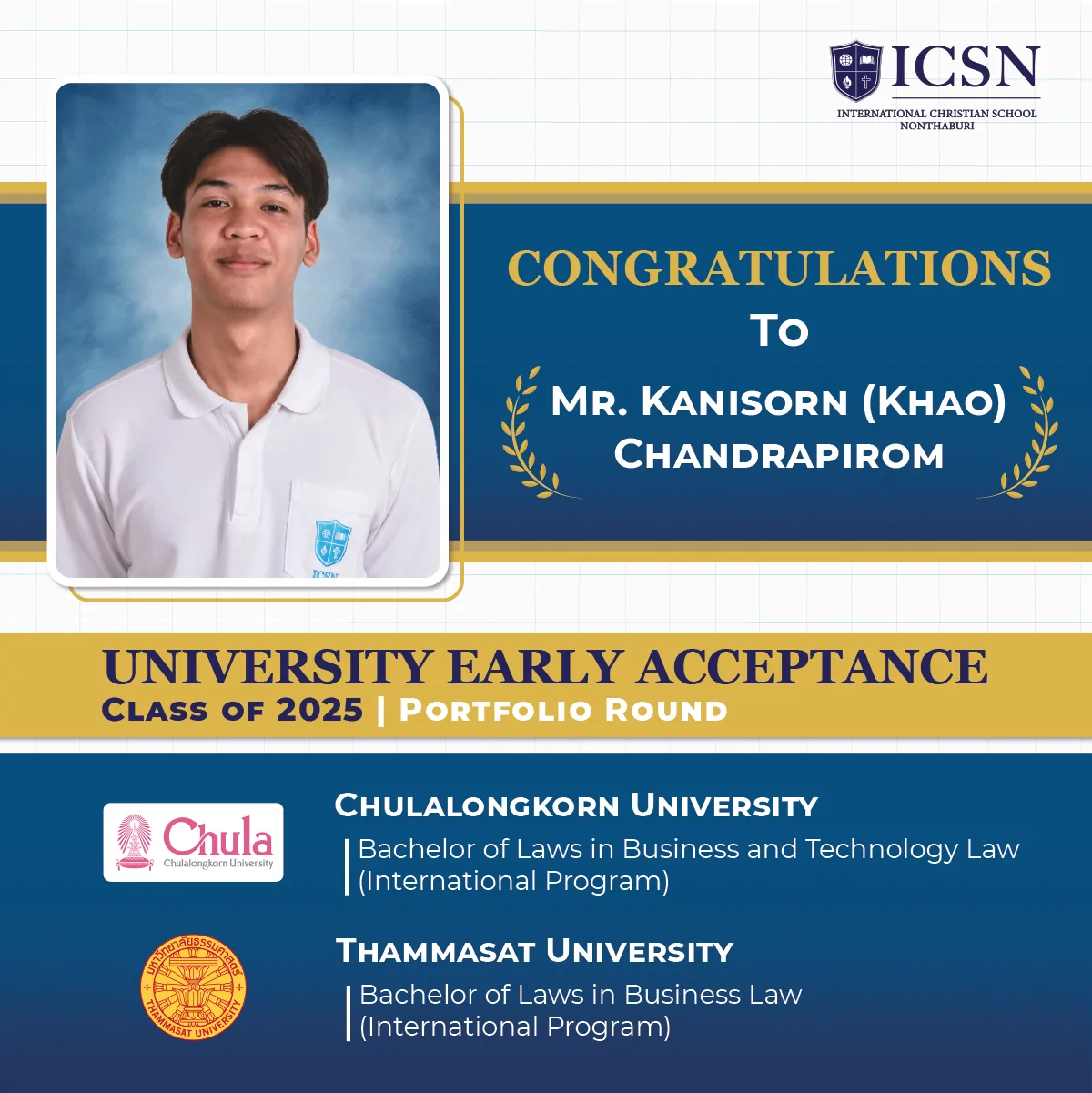 A post congratulating a student for his university early acceptance with university logos and course descriptions
