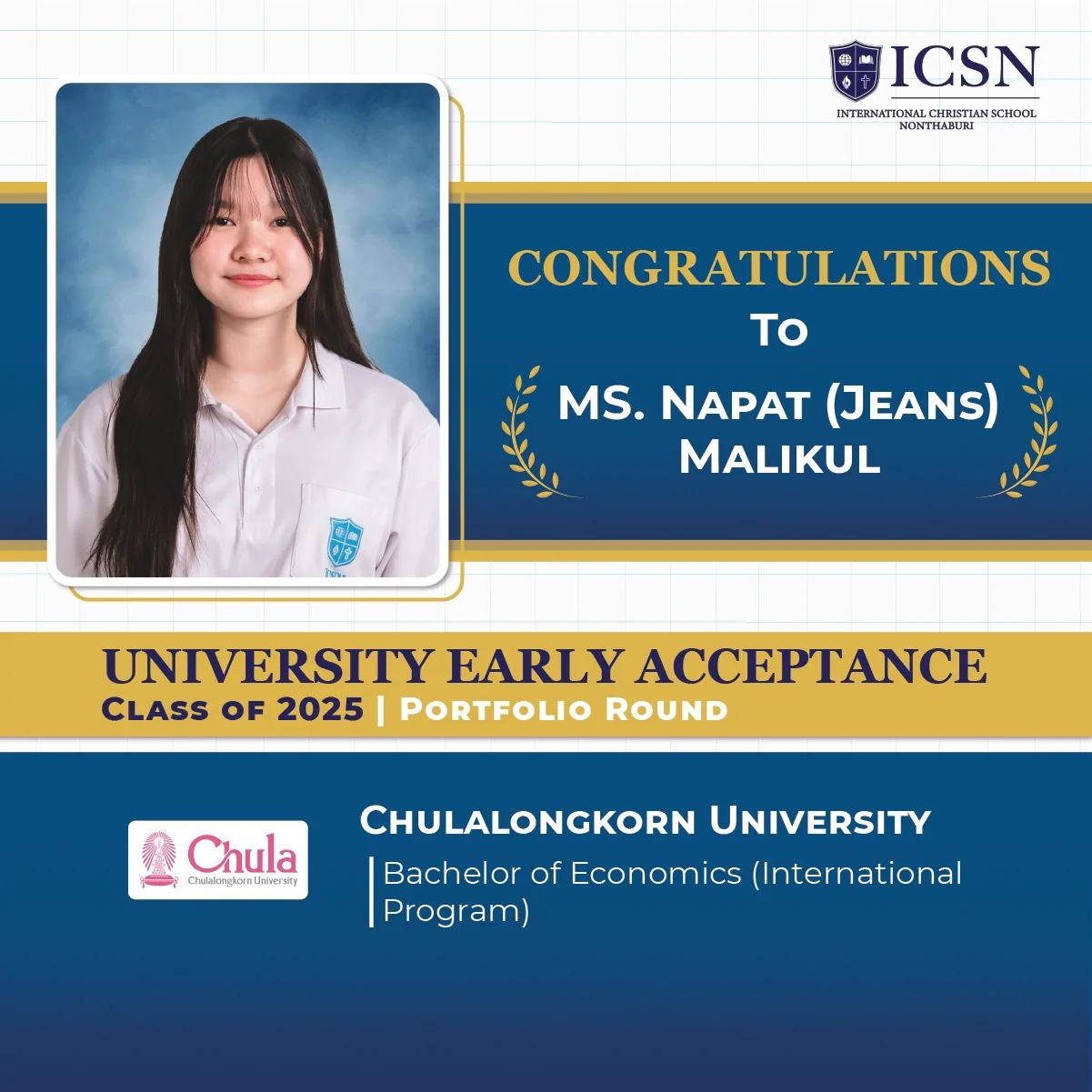 A post congratulating a student for his university early acceptance with university logos and course descriptions