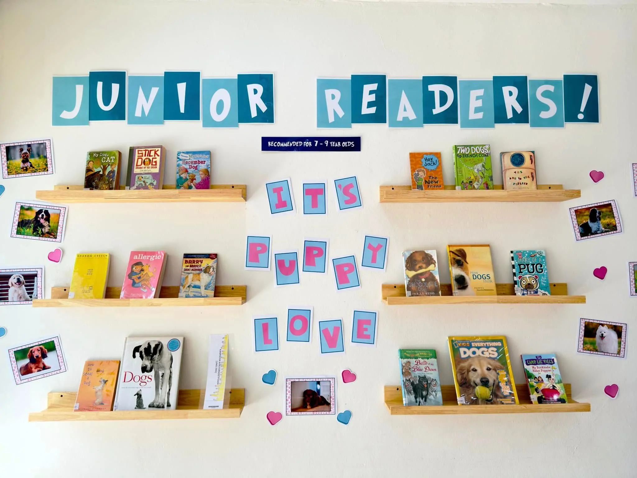 A colorfully decorated wall displaying recommended books for kids 7-9 years old on shelves